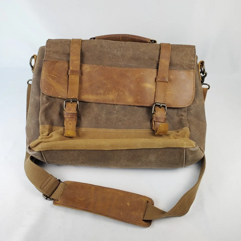 NEWHEY Messenger Laptop Bag Waterproof Canvas Leather Nubuck Brown Beeswax